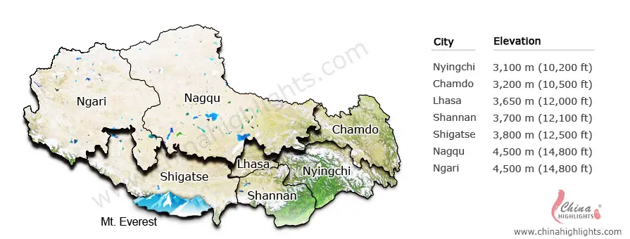Tibetan prefectures elevation map