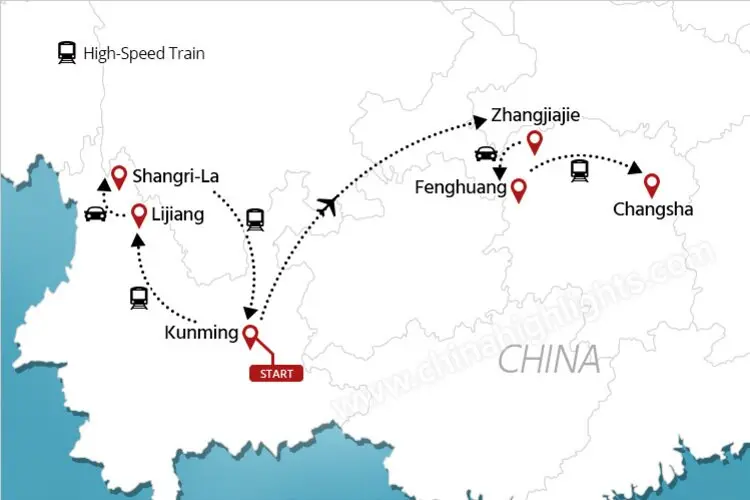 Kunming Lijiang Shangri-La Zhangjiajie Fenghuang Changsha tour map