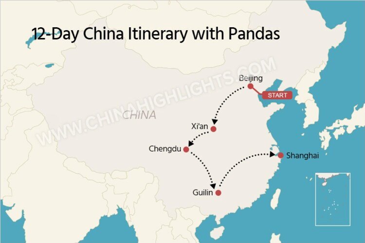 The map of a classic 12-day China tour itinerary with Pandas