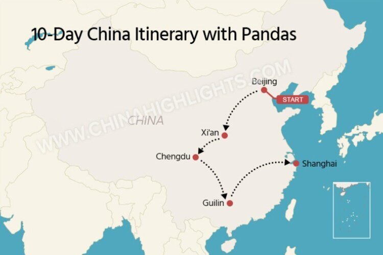 The map of a 10-day China itinerary with pandas