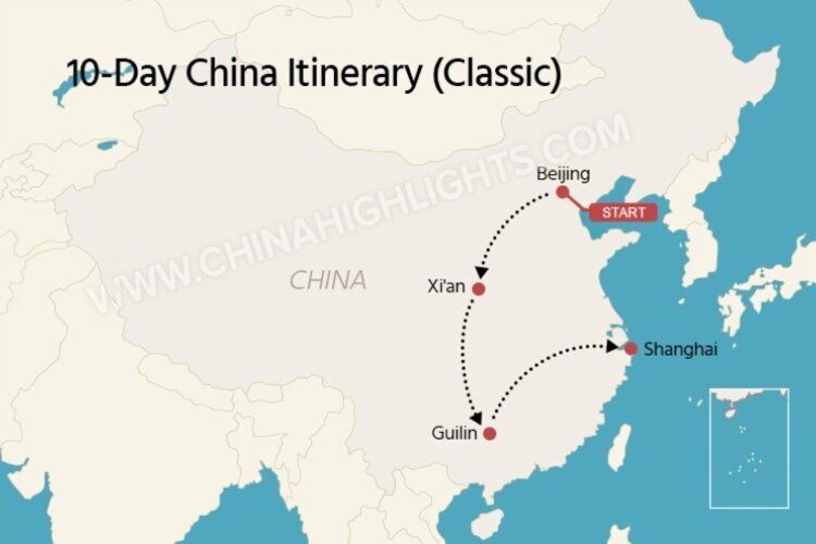The map of a classic 10-day China itinerary for couples and families