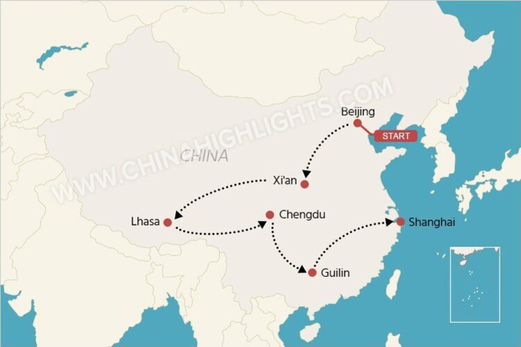 The map of a 3-week China itinerary with Tibet
