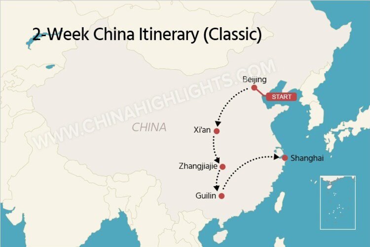 The map of a classic 2-week China itinerary