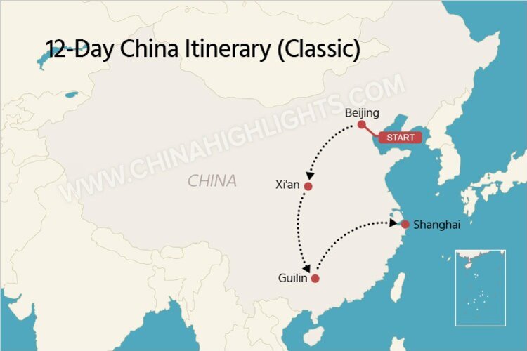 The map of a classic 12-day China tour itinerary for families and couples