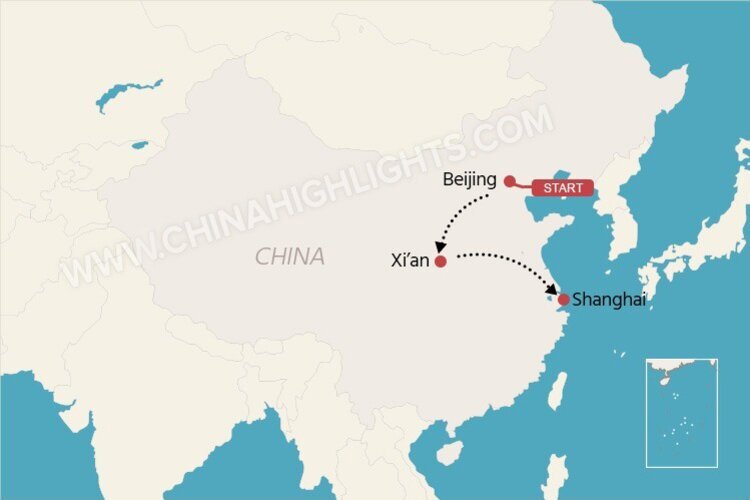 The map of a 1-week China itinerary