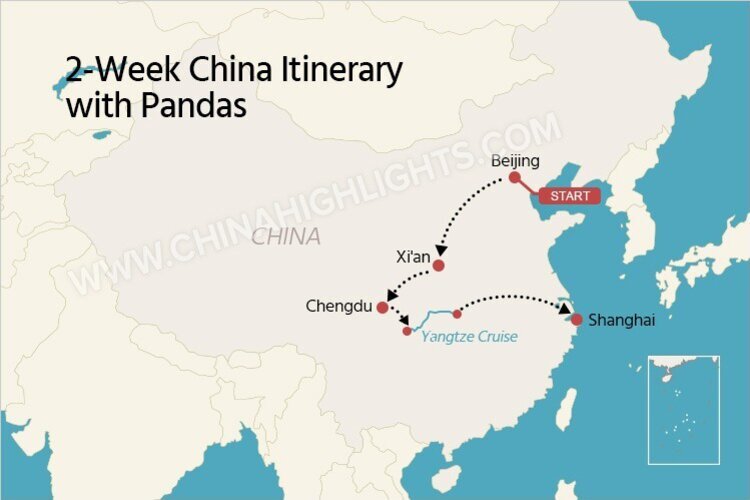 The map of a 2-week China itinerary including pandas