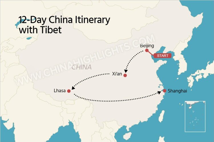 The map of a classic 12-day China tour itinerary with Tibet