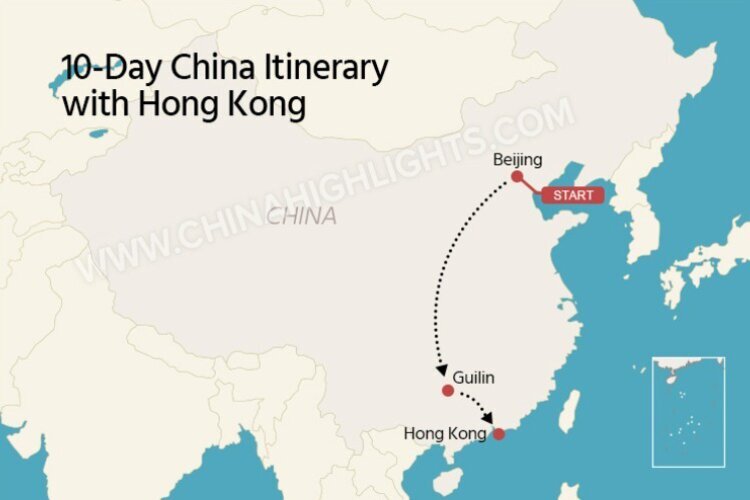 The map of a 10-day China itinerary including Hong Kong, for families